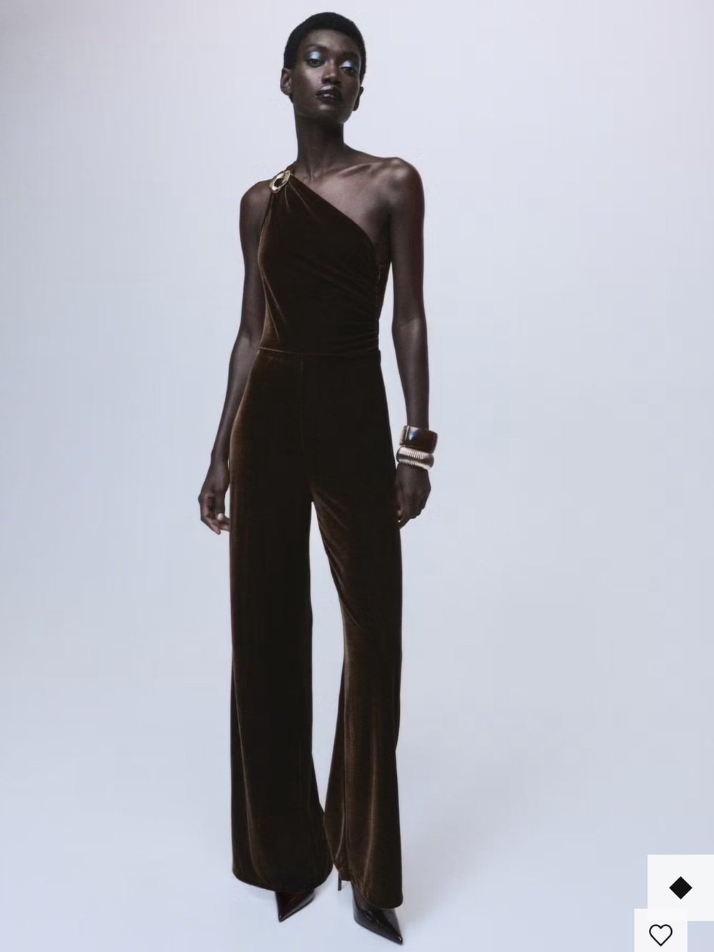 Mango One-Shoulder Velvet Jumpsuit in Brown